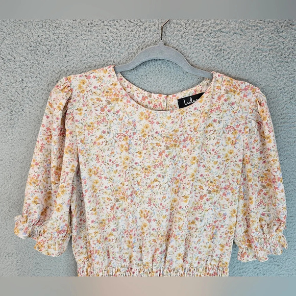 Lulu's Womens Isn't She Darling Blush Floral Puff Sleeve Mini Dress Sz L Spring - Picture 3 of 15